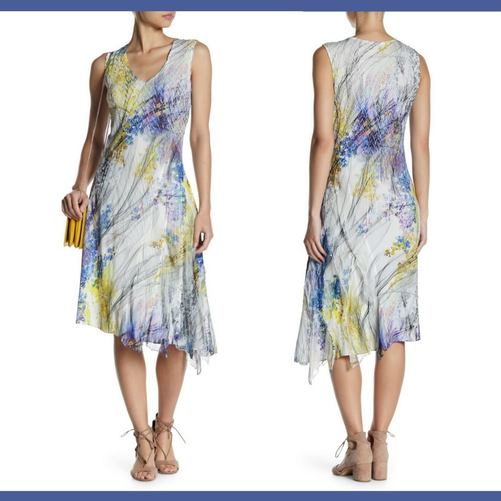 Nwt $309 Komarov Asymmetrical Hem Print Dress [Sz Large ]